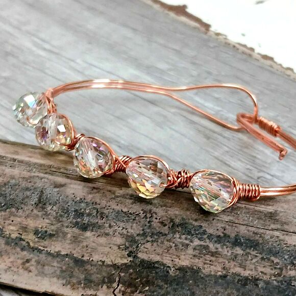 Multifaceted Glass Beaded Copper Bangle Wire Wrapped 7 - Picture 4 of 6